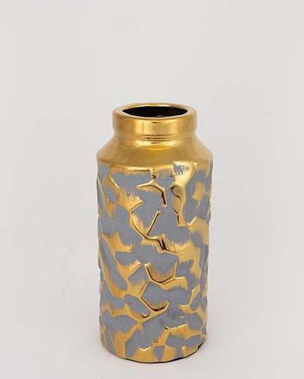 Vaza decorativa, gri-auriu din ceramica, cu model, 12.5x12.5x27.5cm
