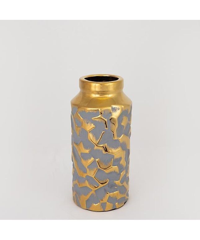 Vaza decorativa, gri-auriu din ceramica, cu model, 12.5x12.5x27.5cm