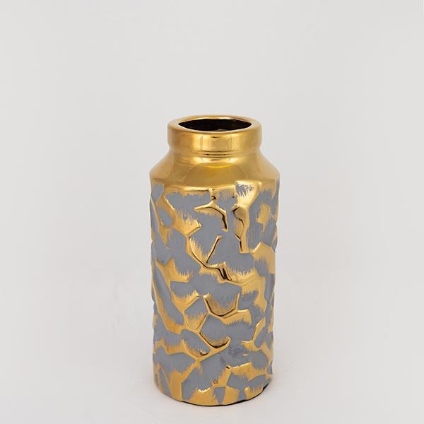 Vaza decorativa, gri-auriu din ceramica, cu model, 12.5x12.5x27.5cm