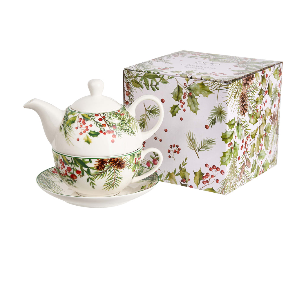 Set pentru ceai, Duo Gift, Christmas Leaves, portelan alb-crem, capacitate 350 ml