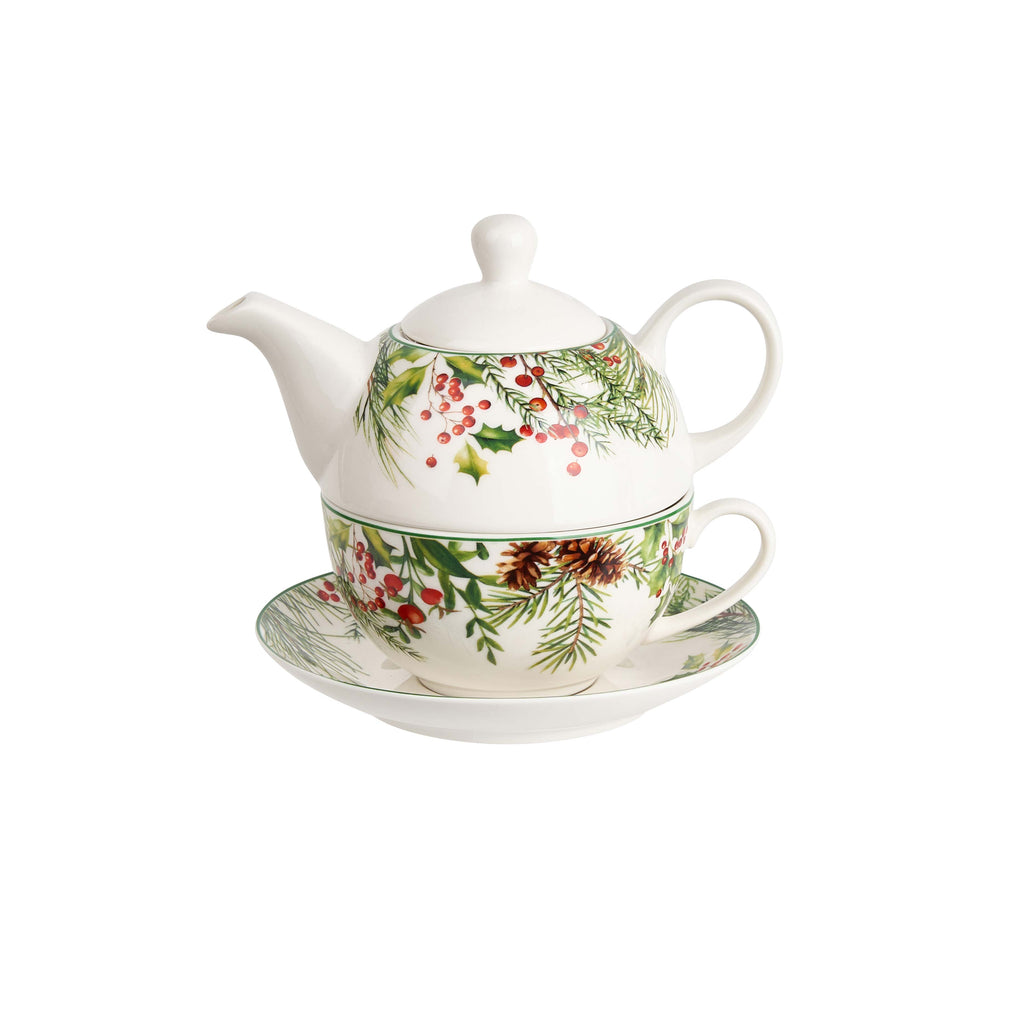 Set pentru ceai, Duo Gift, Christmas Leaves, portelan alb-crem, capacitate 350 ml