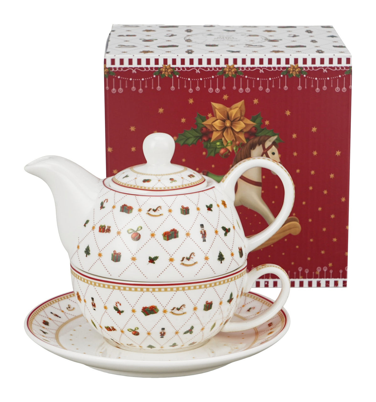 Set pentru ceai, de Craciun, Ornament Joy, Include ceainic cu ceasca si farfurie, 350 ml