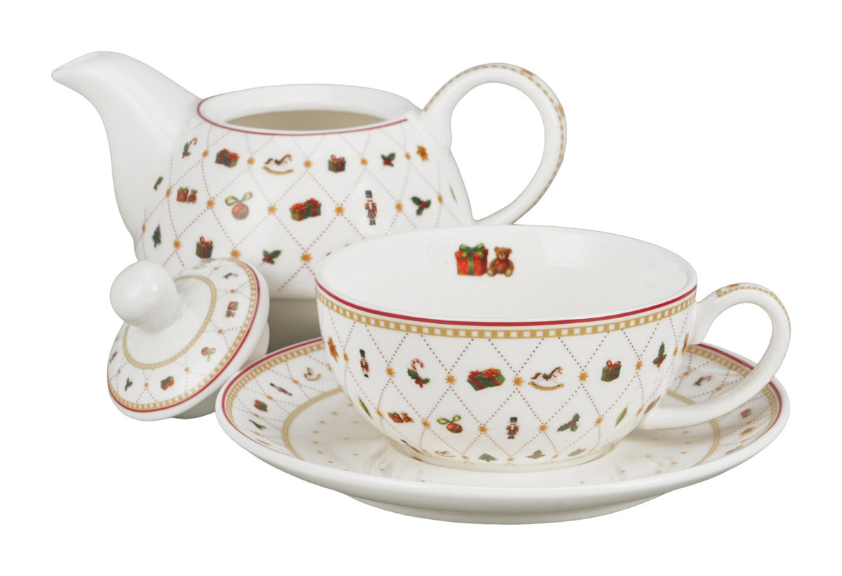 Set pentru ceai, de Craciun, Ornament Joy, Include ceainic cu ceasca si farfurie, 350 ml
