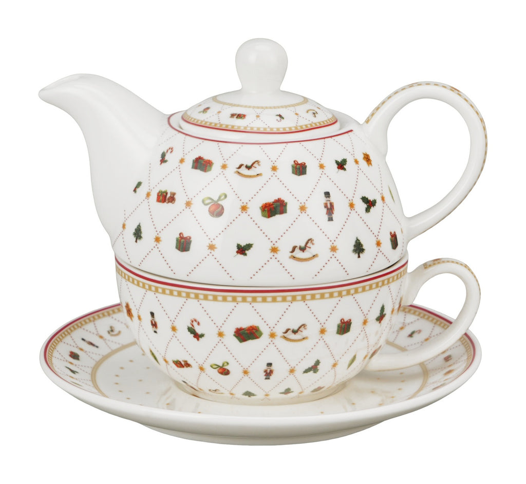 Set pentru ceai, de Craciun, Ornament Joy, Include ceainic cu ceasca si farfurie, 350 ml