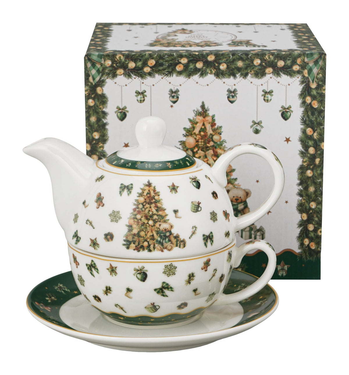 Set pentru ceai, de Craciun, Tree Sparkle, Include ceainic cu ceasca si farfurie, 350 ml