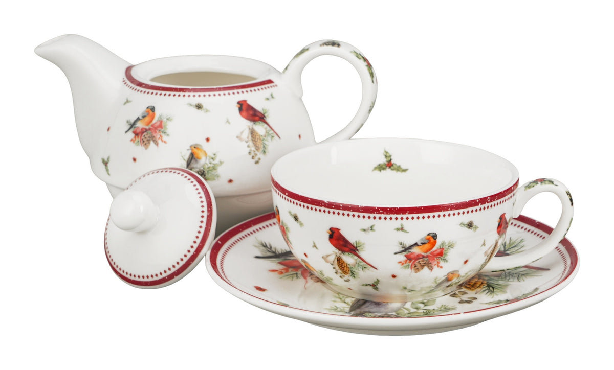 Set pentru ceai, de Craciun, Birds of Winter, Include ceainic cu ceasca si farfurie, 350 ml