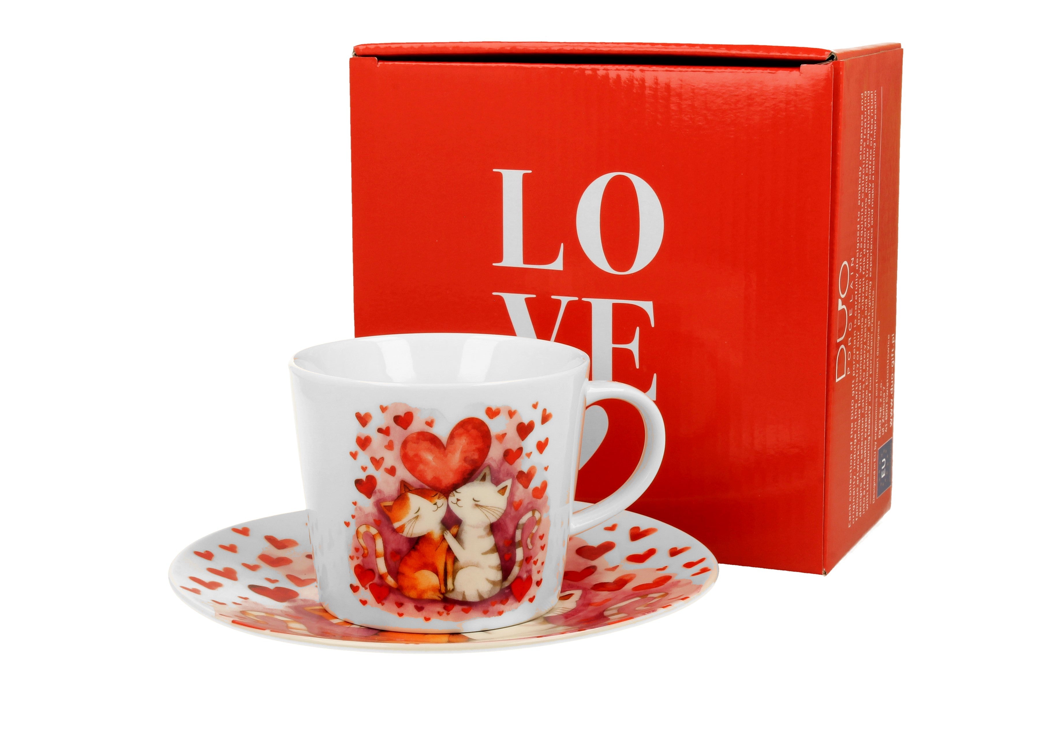 Set ceasca cu farfurie, Loving Cats, din portelan, 240 ml, DUO