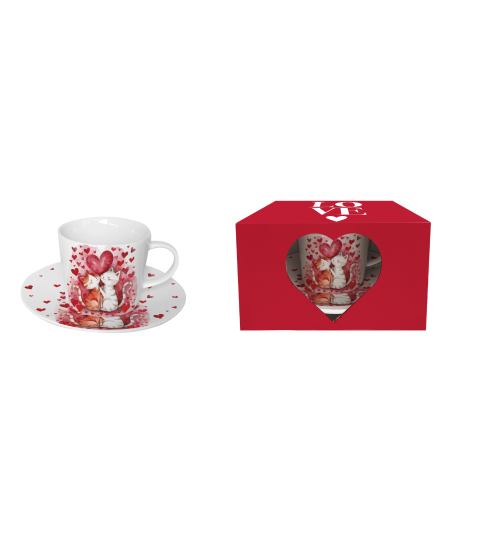 Set ceasca cu farfurie, Loving Cats, din portelan, 240 ml, DUO