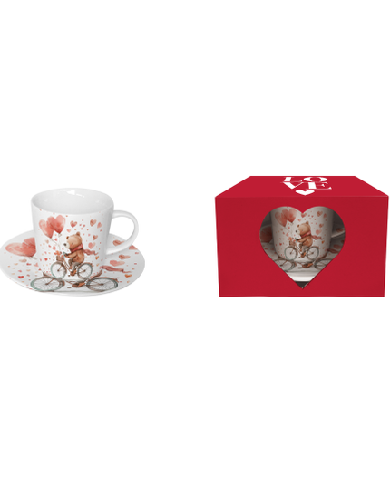 Set ceasca cu farfurie, Duo, Ursulet pe bicicleta, din portelan, 240 ml