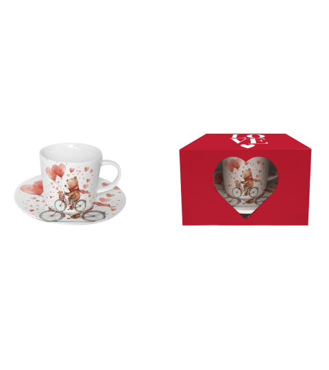 Set ceasca cu farfurie, Duo, Ursulet pe bicicleta, din portelan, 240 ml