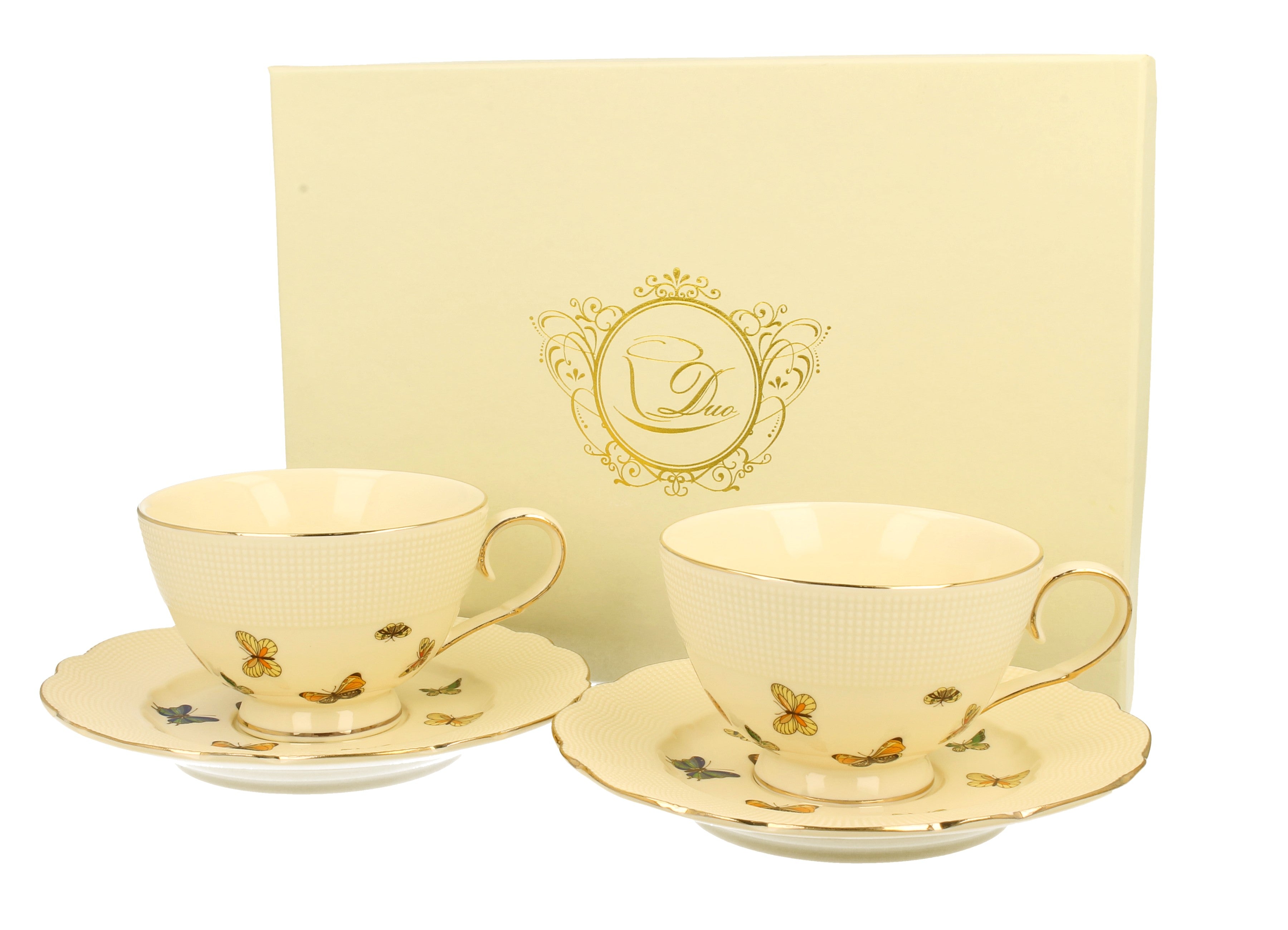Set 2 cesti de cafea cu farfurie, Portelan, Duo Motylki, espresso, Cremos, 125ml - Victoria home deco