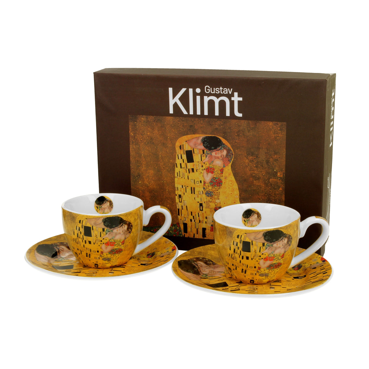 Set de doua cesti si farfurioare espresso The Kiss Clasic, inspirate de Gustav Klimt, 90 ml