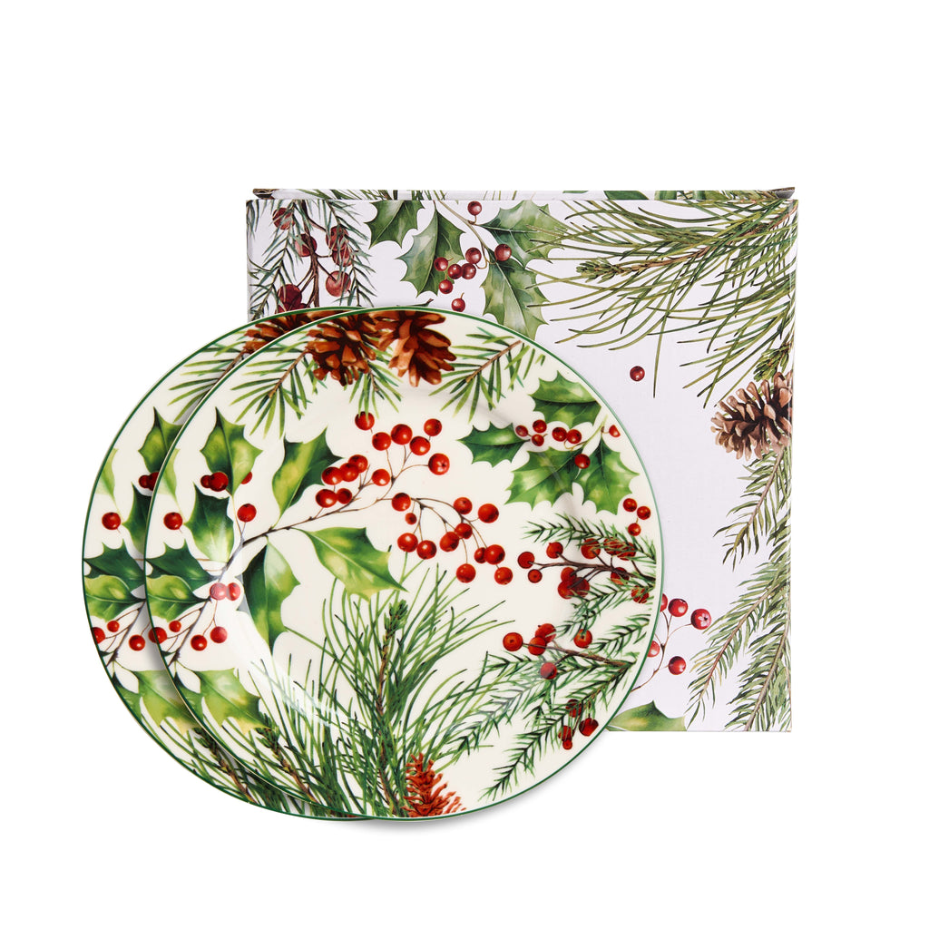 Set de 2 farfurii din portelan, de Craciun,  pentru desert, in cutie, design Leaves, diametru 19 cm