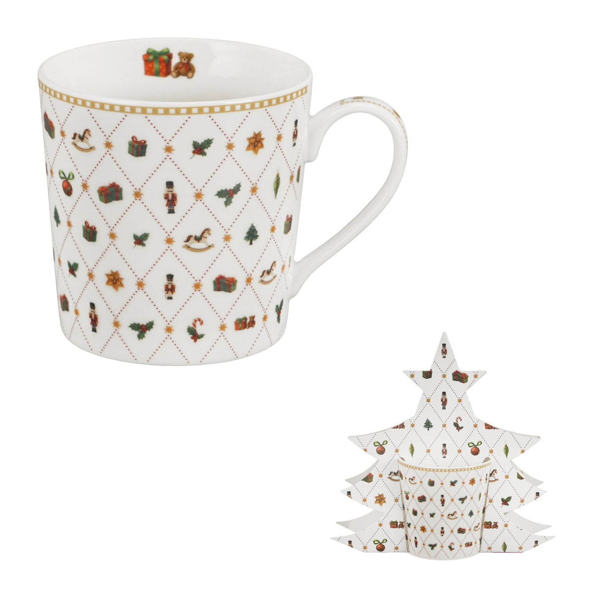 Cana din portelan, Craciun, Ornament Joy, 360 ml, in ambalaj de brad de Craciun