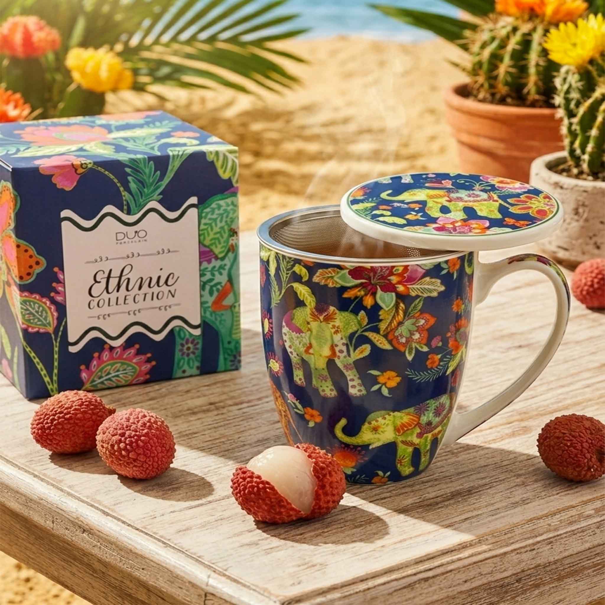 Cana cu infuzor DUO, Ankur Blue, 360 ml, portelan New Bone China, decor indian