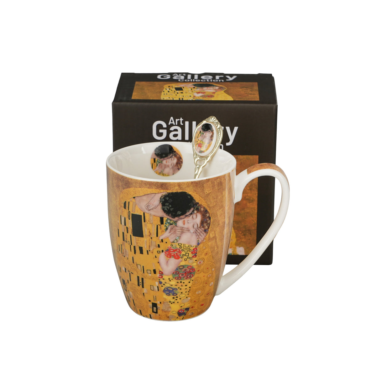 Cană clasică cu linguriță THE KISS CLASSIC inspirată de G. Klimt, 360 ml