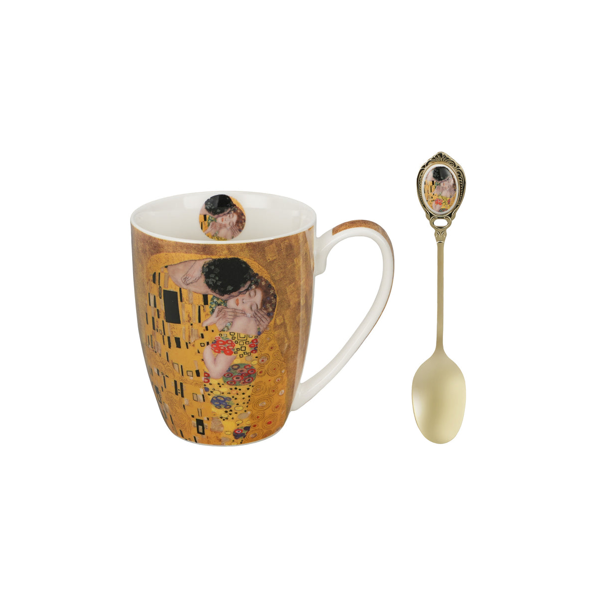 Cană clasică cu linguriță THE KISS CLASSIC inspirată de G. Klimt, 360 ml