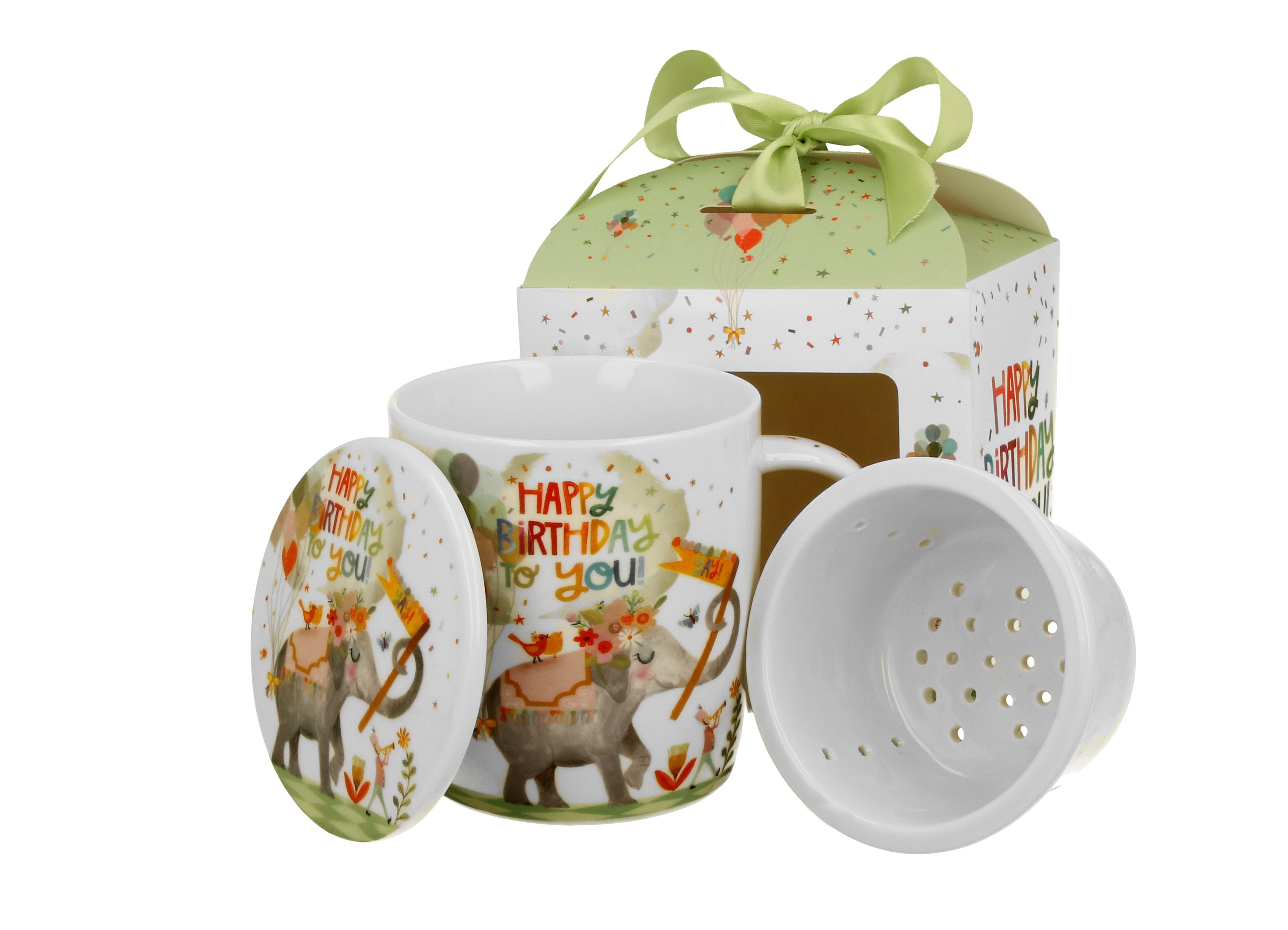 Cana de ocazie cu infuzor „Happy Birthday ” intr-o cutie cu funda, portelan, 400 ml