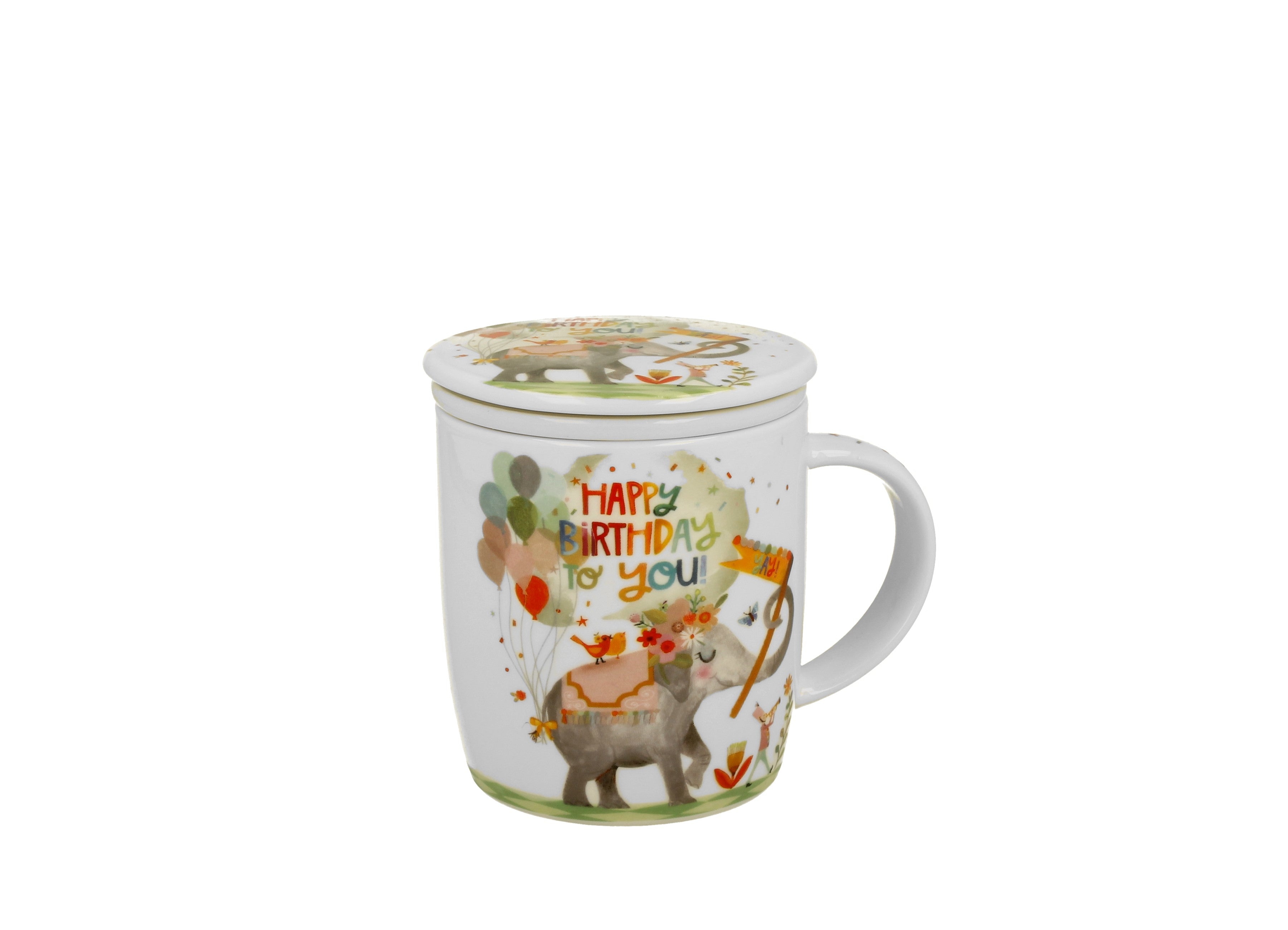 Cana de ocazie cu infuzor „Happy Birthday ” intr-o cutie cu funda, portelan, 400 ml