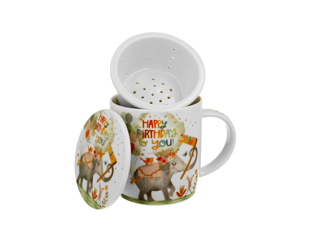 Cana de ocazie cu infuzor „Happy Birthday ” intr-o cutie cu funda, portelan, 400 ml