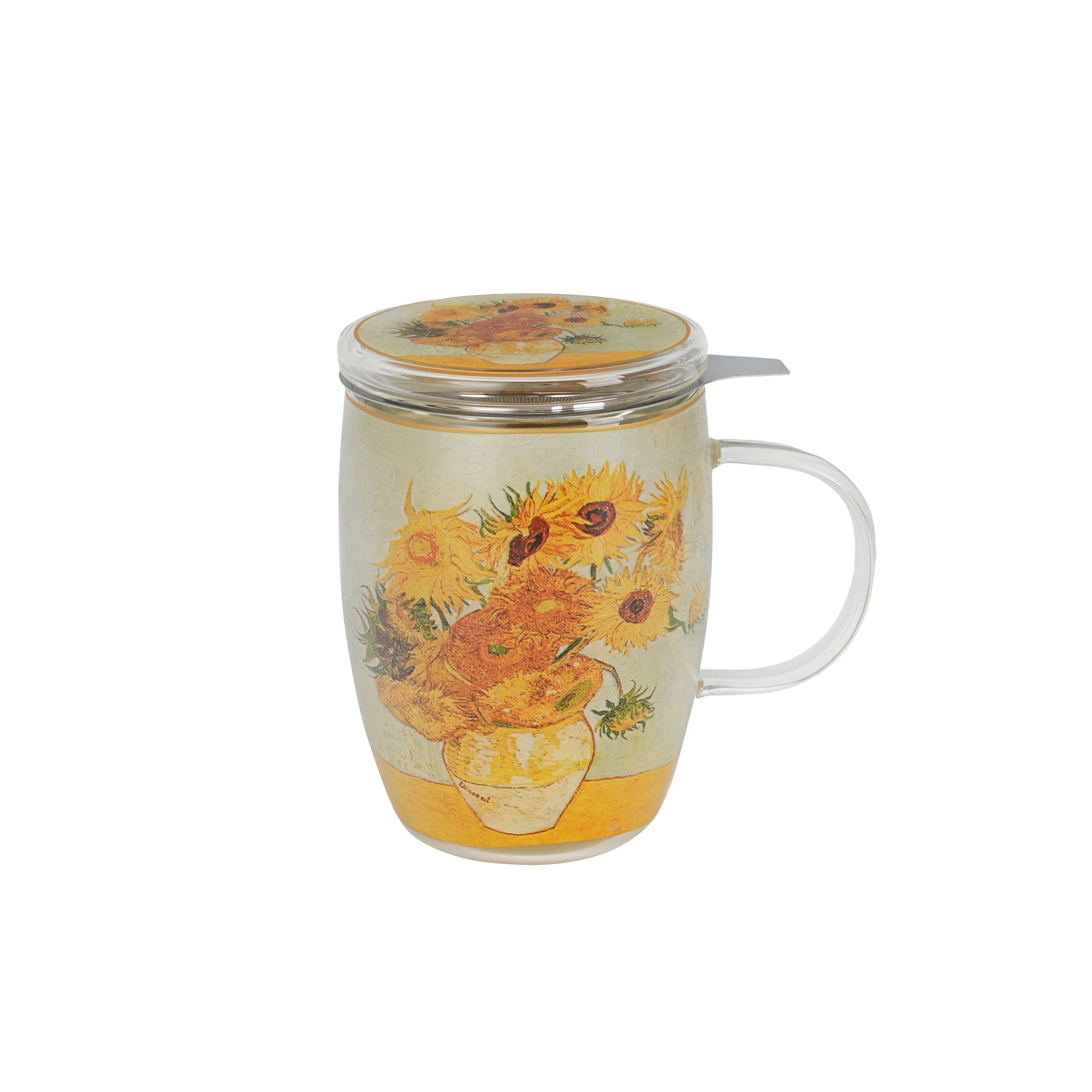 Cană de sticlă cu pereți dubli cu infuzor din oțel inoxidabil inspirată de Van Gogh, FLOAREA-SOARELUI, 350 ml