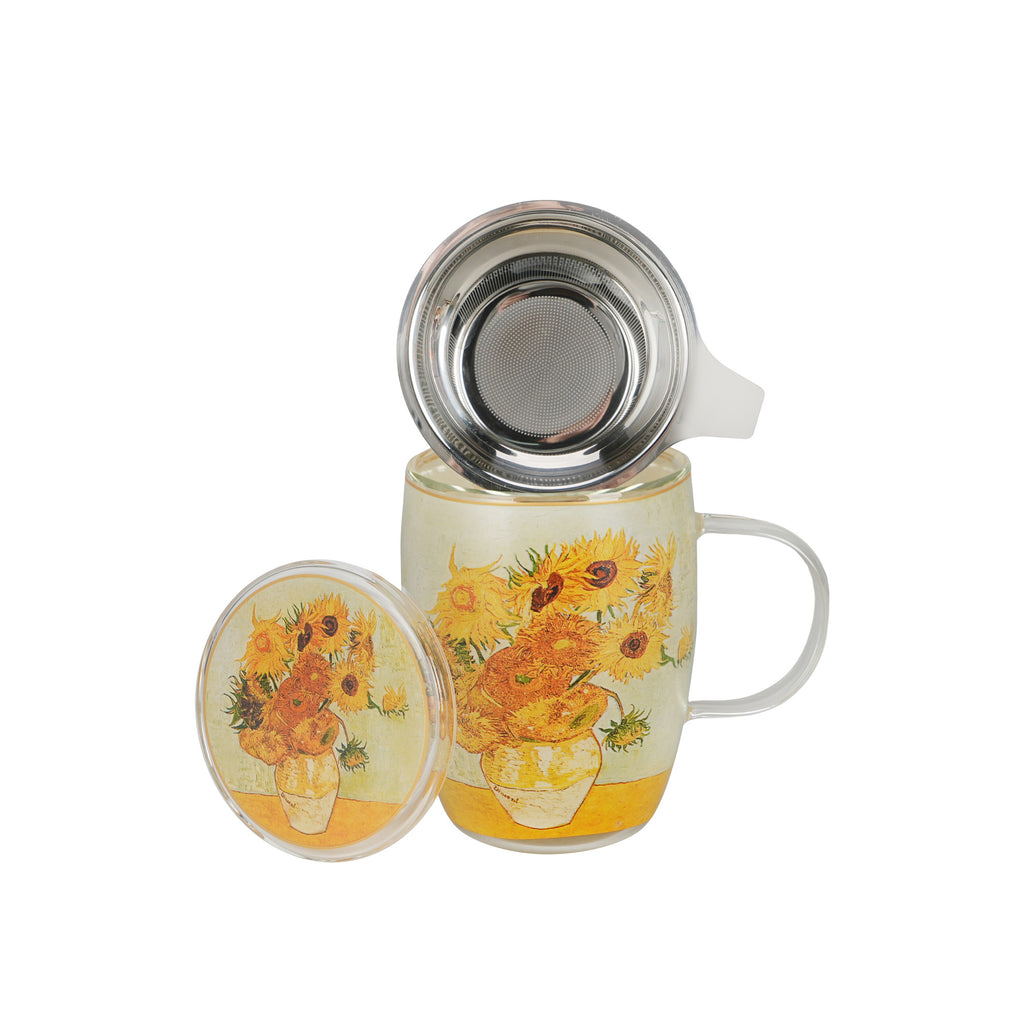 Cană de sticlă cu pereți dubli cu infuzor din oțel inoxidabil inspirată de Van Gogh, FLOAREA-SOARELUI, 350 ml