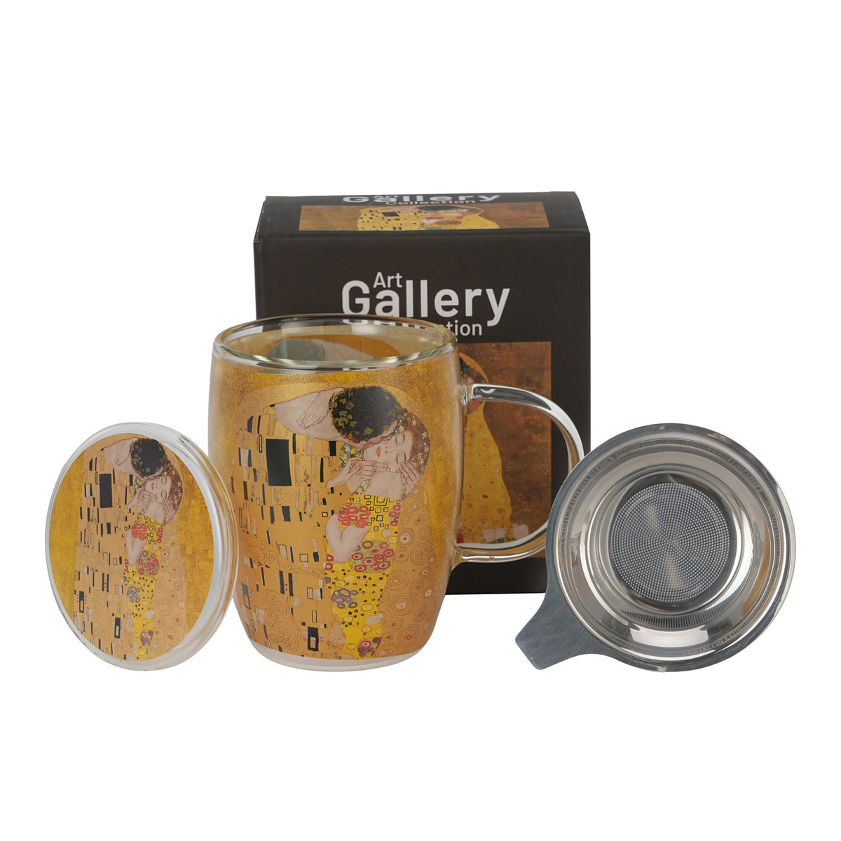Cană de sticlă cu pereți dubli THE KISS CLASSIC și infuzor din oțel inoxidabil inspirată de G. Klimt  350 ml