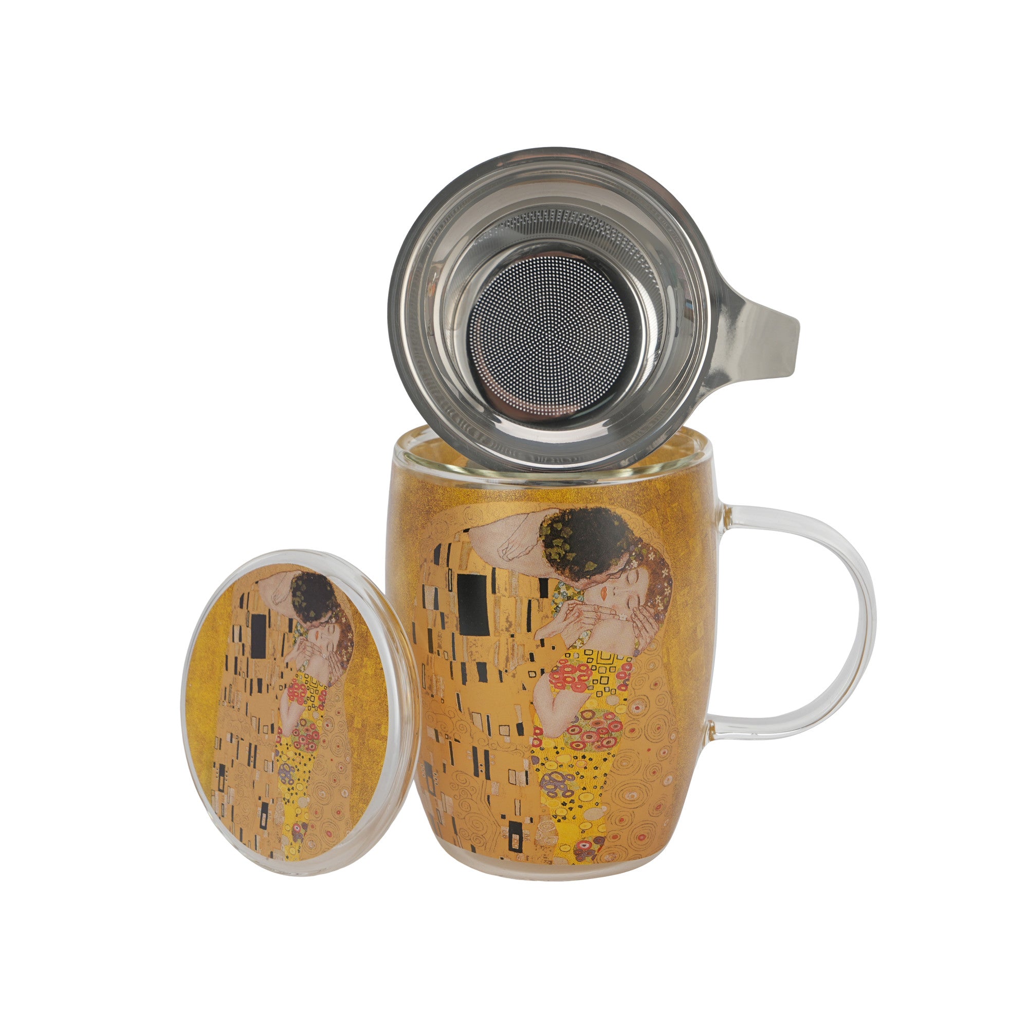 Cană de sticlă cu pereți dubli THE KISS CLASSIC și infuzor din oțel inoxidabil inspirată de G. Klimt  350 ml