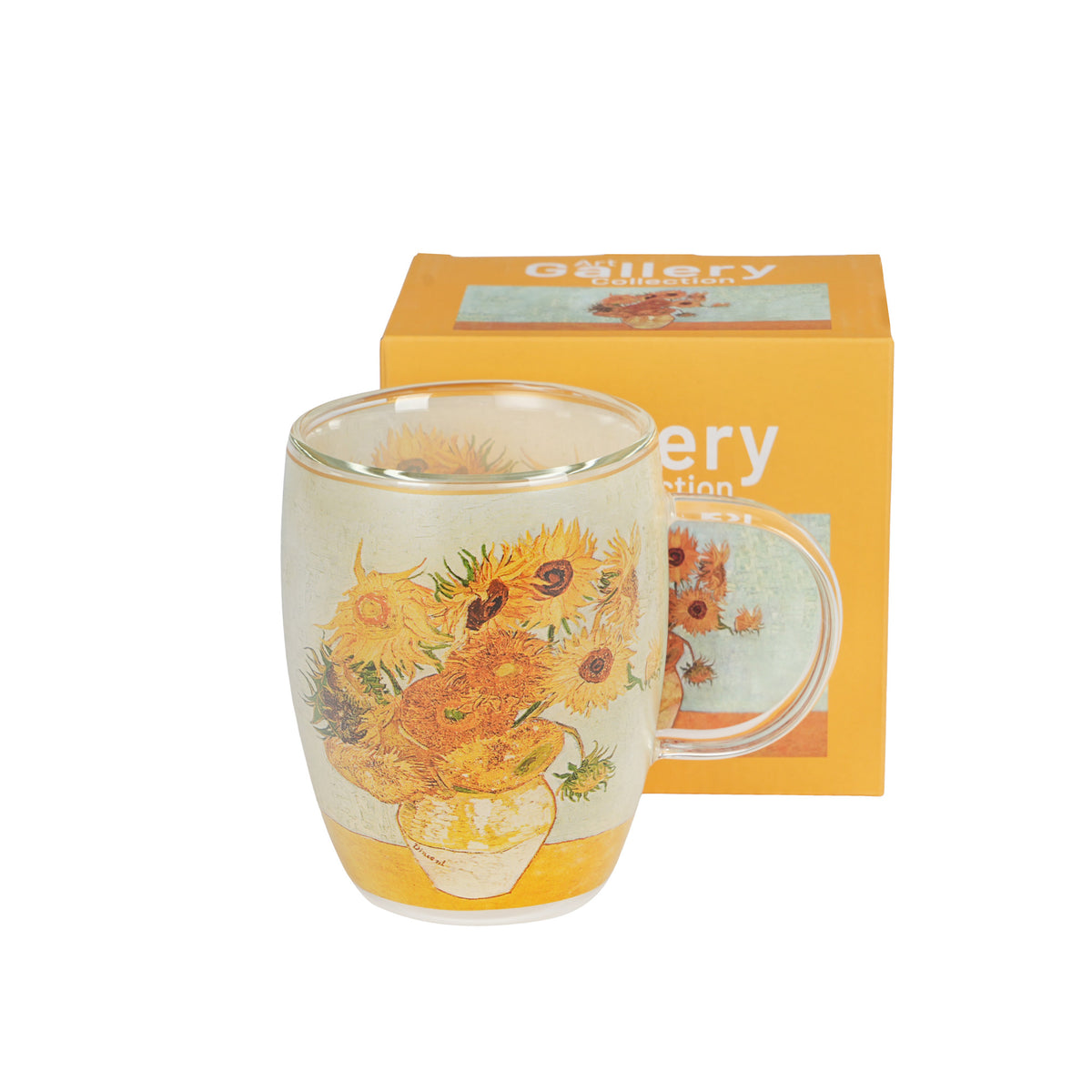 Cană de sticlă cu pereți dubli FLOAREA-SOARELUI inspirată de Van Gogh, 350 ml
