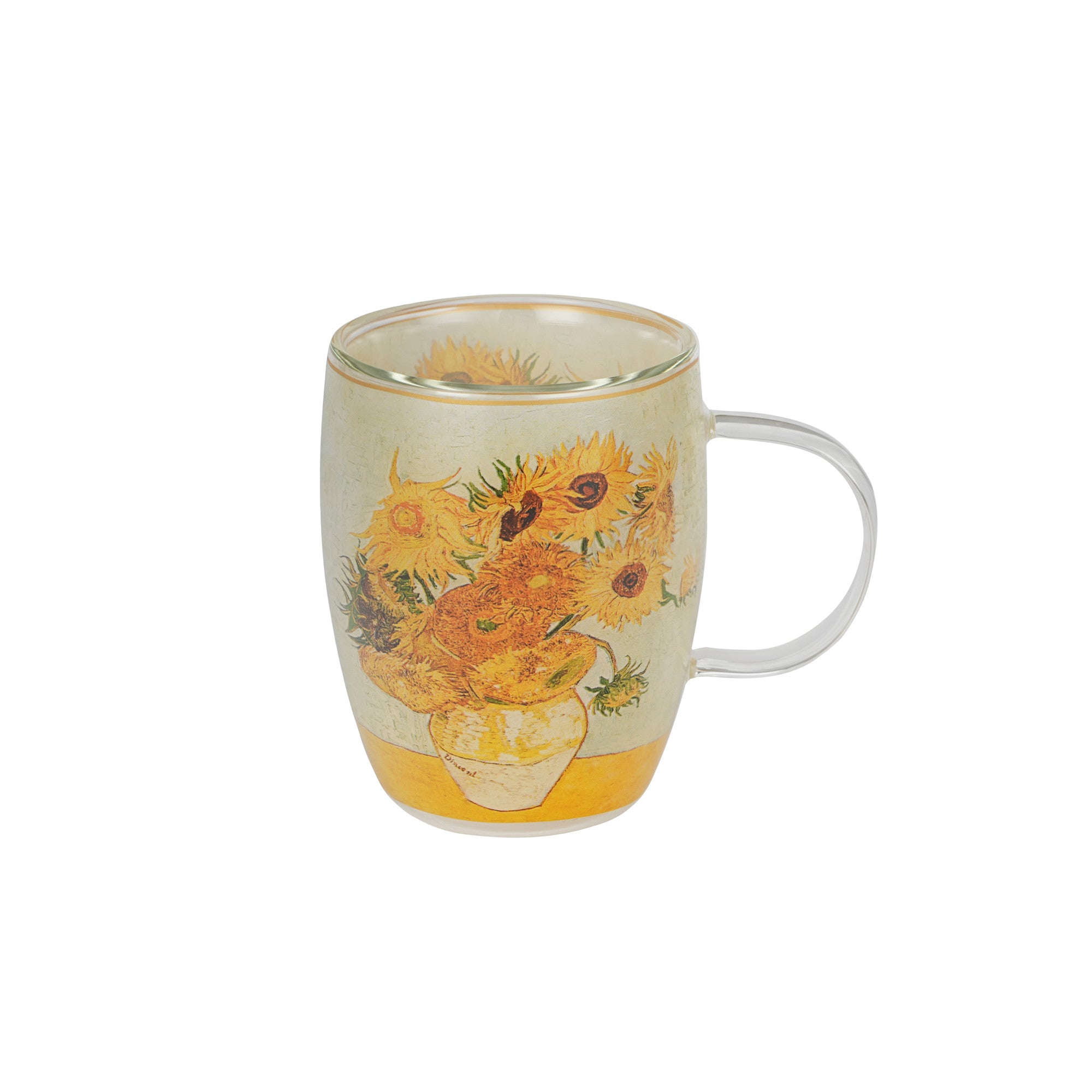 Cană de sticlă cu pereți dubli FLOAREA-SOARELUI inspirată de Van Gogh, 350 ml