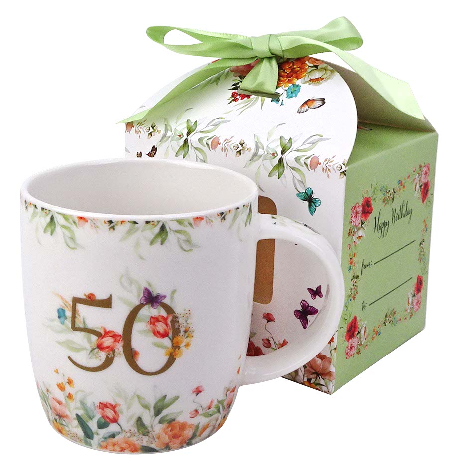 Cană de ziua de naștere „50” într-o cutie cu fundă