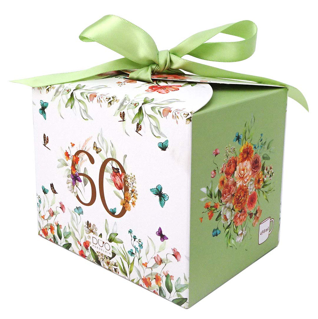 Cana aniversara de ziua de nastere „60” intr-o cutie cu funda, 400 ml