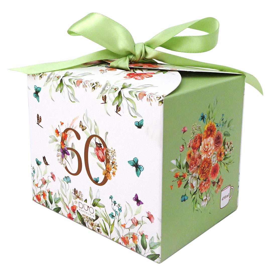 Cana aniversara de ziua de nastere „60” intr-o cutie cu funda, 400 ml