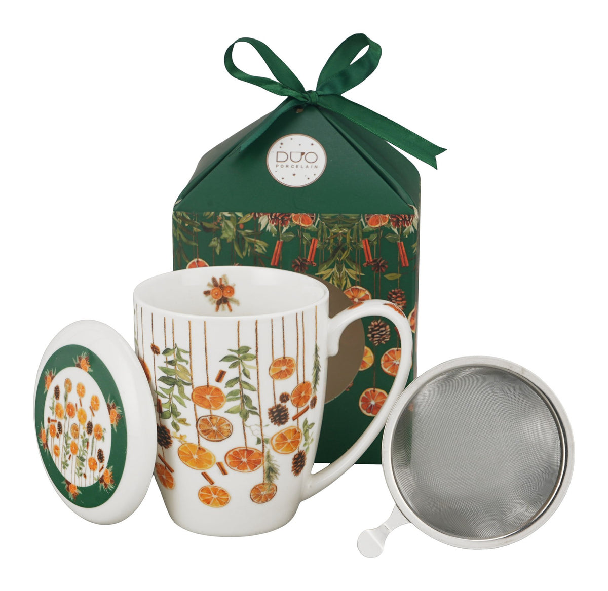 Cana cu infuzor Duo, Craciun, Winter Fruits, portelan, multicolor, 360 ml