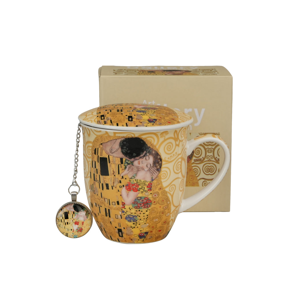 Cana The Kiss Ecru cu infuzor si pandantiv inspirata de Klimt, 400 ml