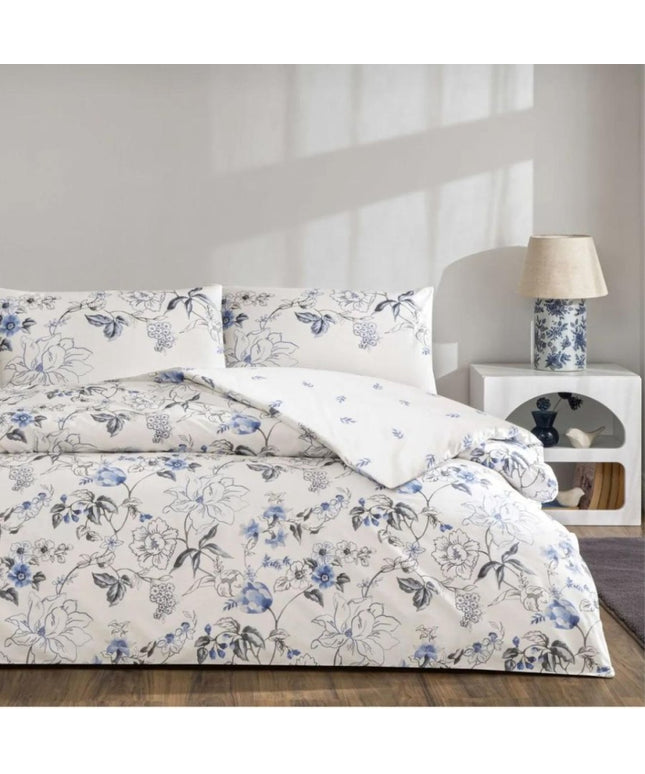 Lenjerie de pat dublu bumbac 100% ranforce, cearceaf pilota 200x220cm, flori albastre, TAC, Luna Mavi