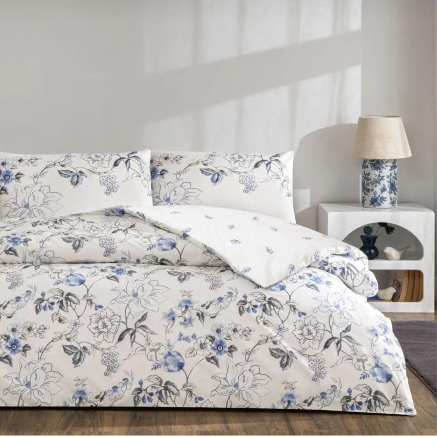 Lenjerie de pat dublu bumbac 100% ranforce, cearceaf pilota 200x220cm, flori albastre, TAC, Luna Mavi