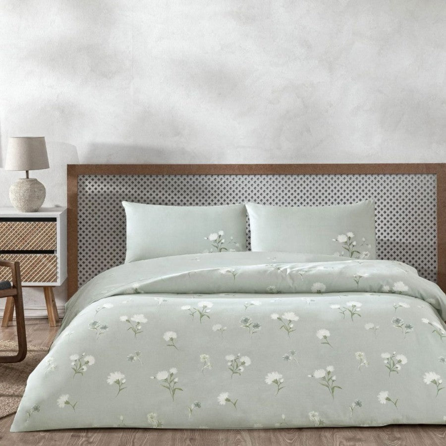 Lenjerie de pat dublu bumbac 100% ranforce, TAC, Aveste verde cu flori albe