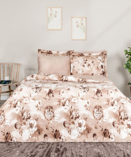 Lenjerie de pat dublu satin de lux cu imprimeu floral, Tac Elegance, Vesta Bej - Victoria home deco