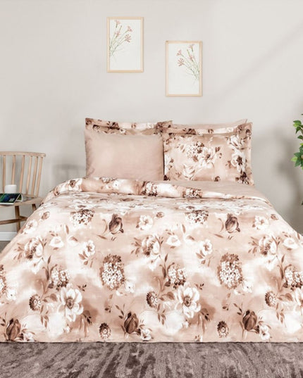 Lenjerie de pat dublu satin de lux cu imprimeu floral, Tac Elegance, Vesta Bej - Victoria home deco