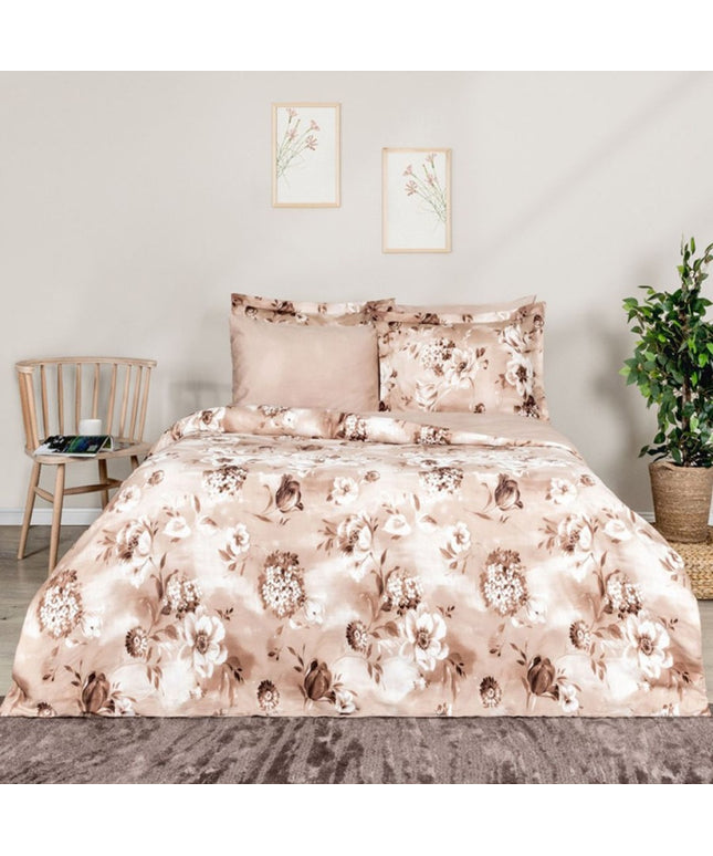 Lenjerie de pat dublu satin de lux cu imprimeu floral, Tac Elegance, Vesta Bej - Victoria home deco