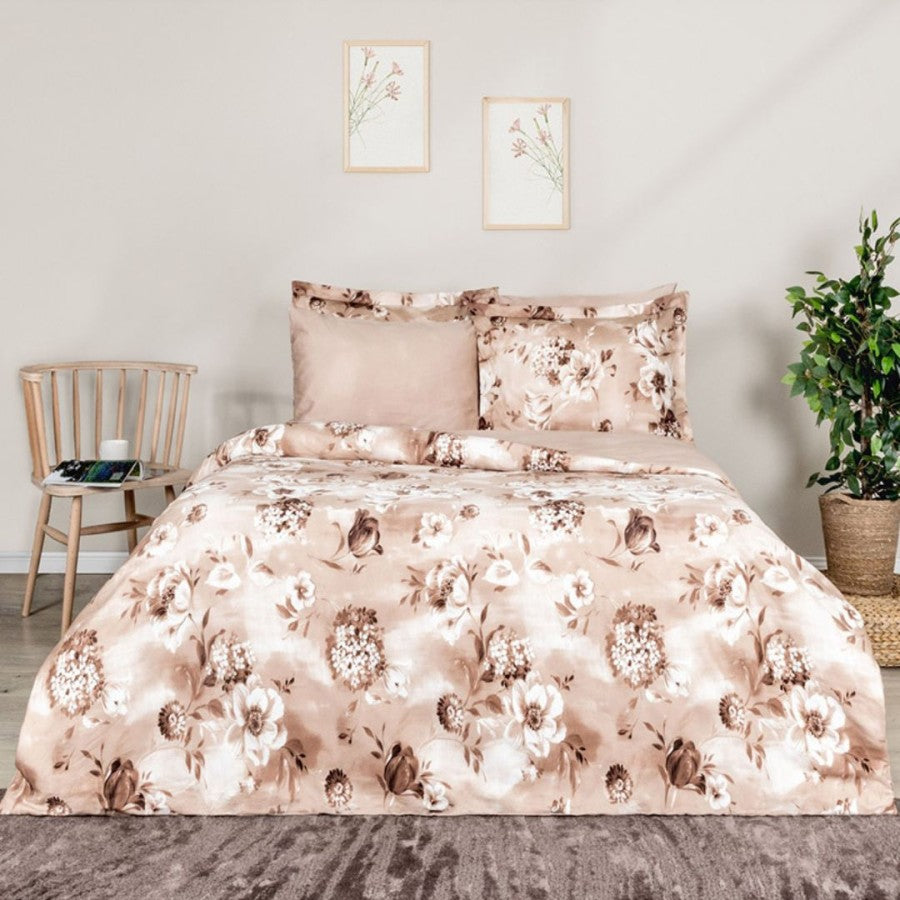 Lenjerie de pat dublu satin de lux cu imprimeu floral, Tac Elegance, Vesta Bej - Victoria home deco