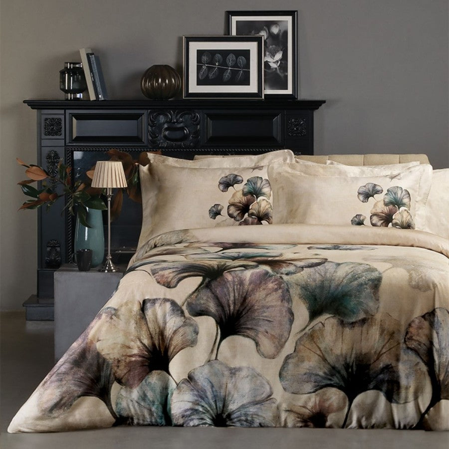 Lenjerie pat dublu satin 6 piese Priscila bej, TAC DELUX Digital, model cu frunze abstract