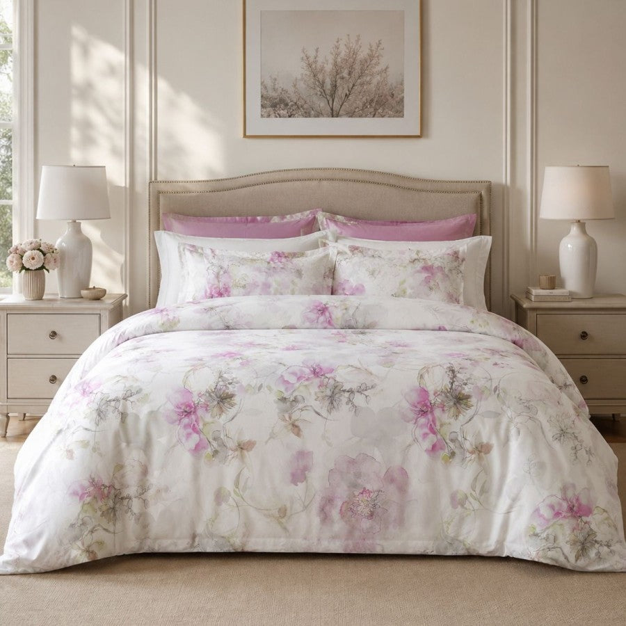 Lenjerie pat dublu satin 6 piese Soren Pembe, TAC DELUX Digital, imprimeu floral