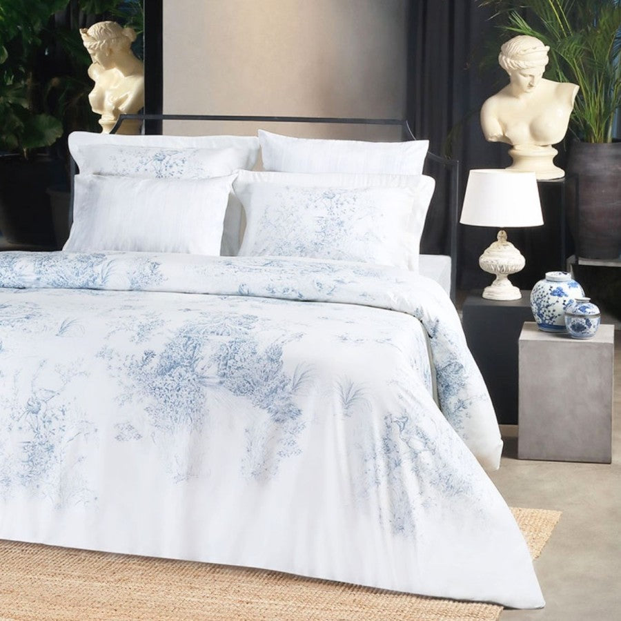 Lenjerie pat dublu satin 6 piese, TAC DELUX Digital, Bijou gradina albastra