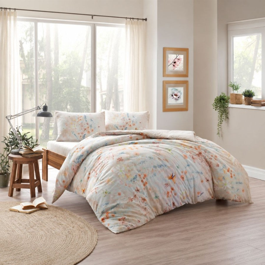 Lenjerie pat dublu TAC Mako-Satin July, bumbac satinat, model floral somon