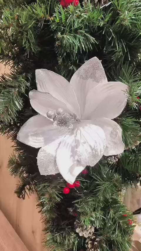 Decoratiune Craciun, Floare, Magnolie, Alba, 24x24cm