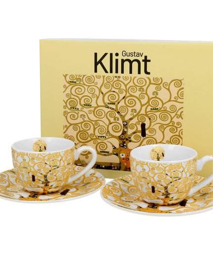 Set de doua cesti si farfurioare espresso TREE OF LIFE Ecru inspirate de Gustav Klimt, 90 ml