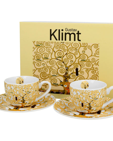 Set de doua cesti si farfurioare espresso TREE OF LIFE Ecru inspirate de Gustav Klimt, 90 ml