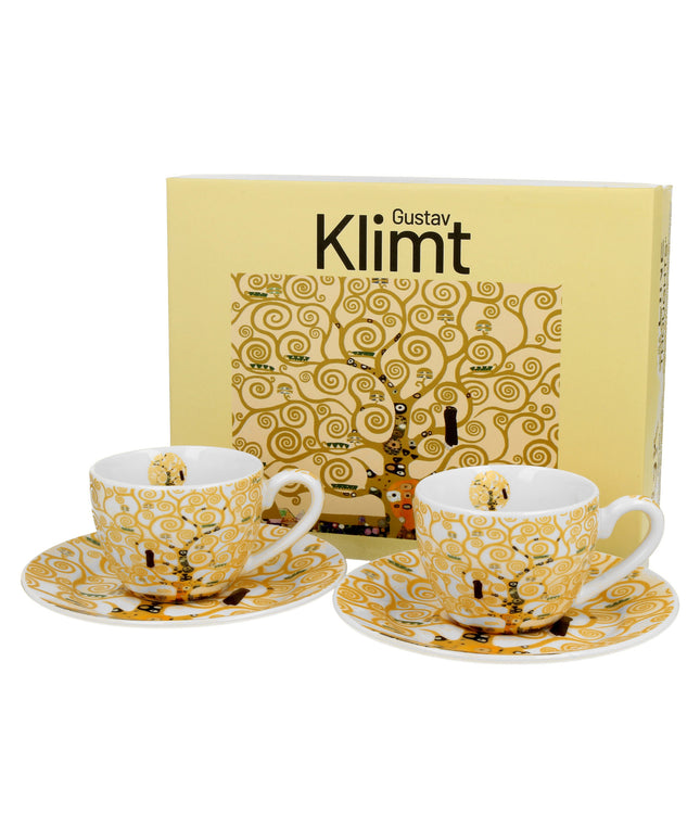 Set de doua cesti si farfurioare espresso TREE OF LIFE Ecru inspirate de Gustav Klimt, 90 ml